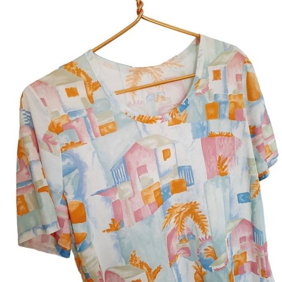 Vintage 70s Top Medium to Large Slinky Knit Pastel Tropical Print Short Sleeve - Picture 3 of 6